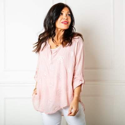 The dusky pink Sheer Sequin Blouse with 3/4 length sleeves that can be rolled and fastened at the elbow