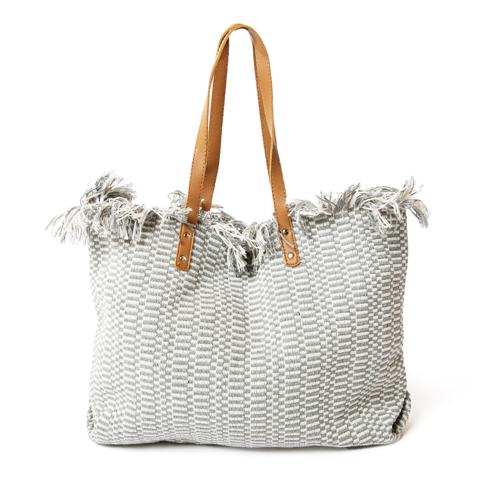 The Woven Beach Bag in grey with a fun aztec and striped pattern, perfect for summer
